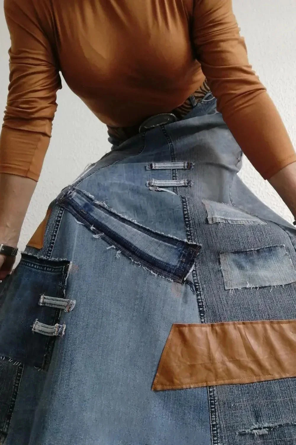 2025 Womens Plus Size Daily Vintage Blue Contrast Patch Denim Long Skirts 250226