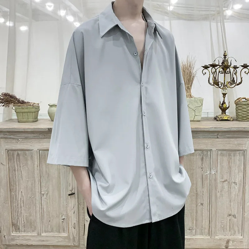 Summer Short Sleeved Shirt Men Oversized Society Mens Black Dress Shirt Korean Loose Ice Silk Shirt Mens Office Formal Shirts 250224