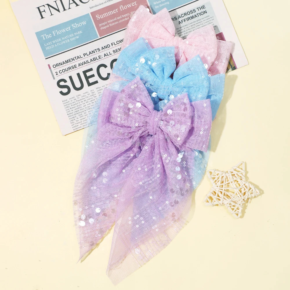 Bulk 27pc/lot Large 5.5 Double Layer Sequin Bow Hair Clips Baby Girls Hair Accessories Kid Long Tails Bowknot Hairpins Barrette 250227