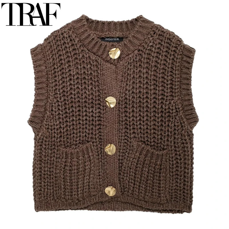 TRAF Womens Vest Outerwears Sleeveless Brown Sweater Knit Women Preppy Cropped Sweaters Autumn Winter Woman Knitwears 250226