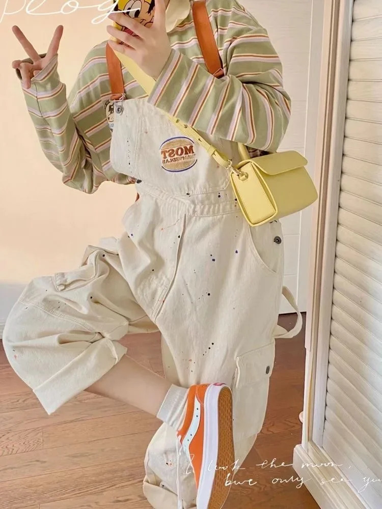 Cool girl style ed spicy ink denim shoulder strap jumpsuit womens autumnwinter loose fit retro onepiece pants 250227