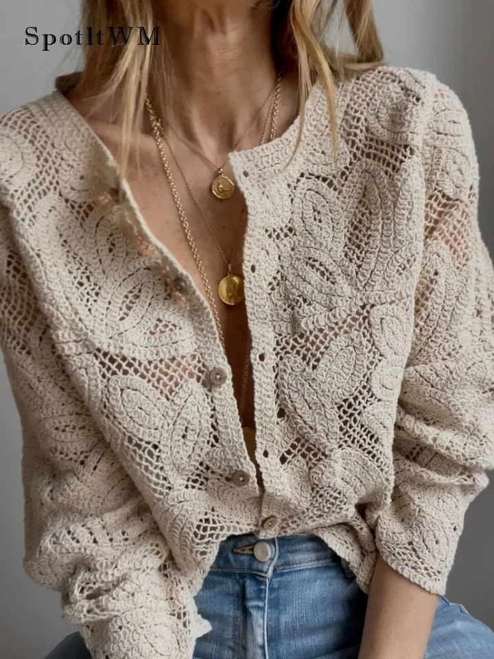 Elegant womens O-neck single chest crochet shirt fashionable long sleeved hollow shirt womens long sleeved commuting suit 250222