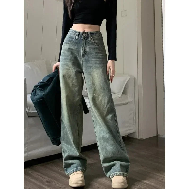 Vintage Jeans Women Irregular High Waist Slimming Wide Leg Mop Long Pants Fashion Blue Baggy Y2K Streetwear 250226