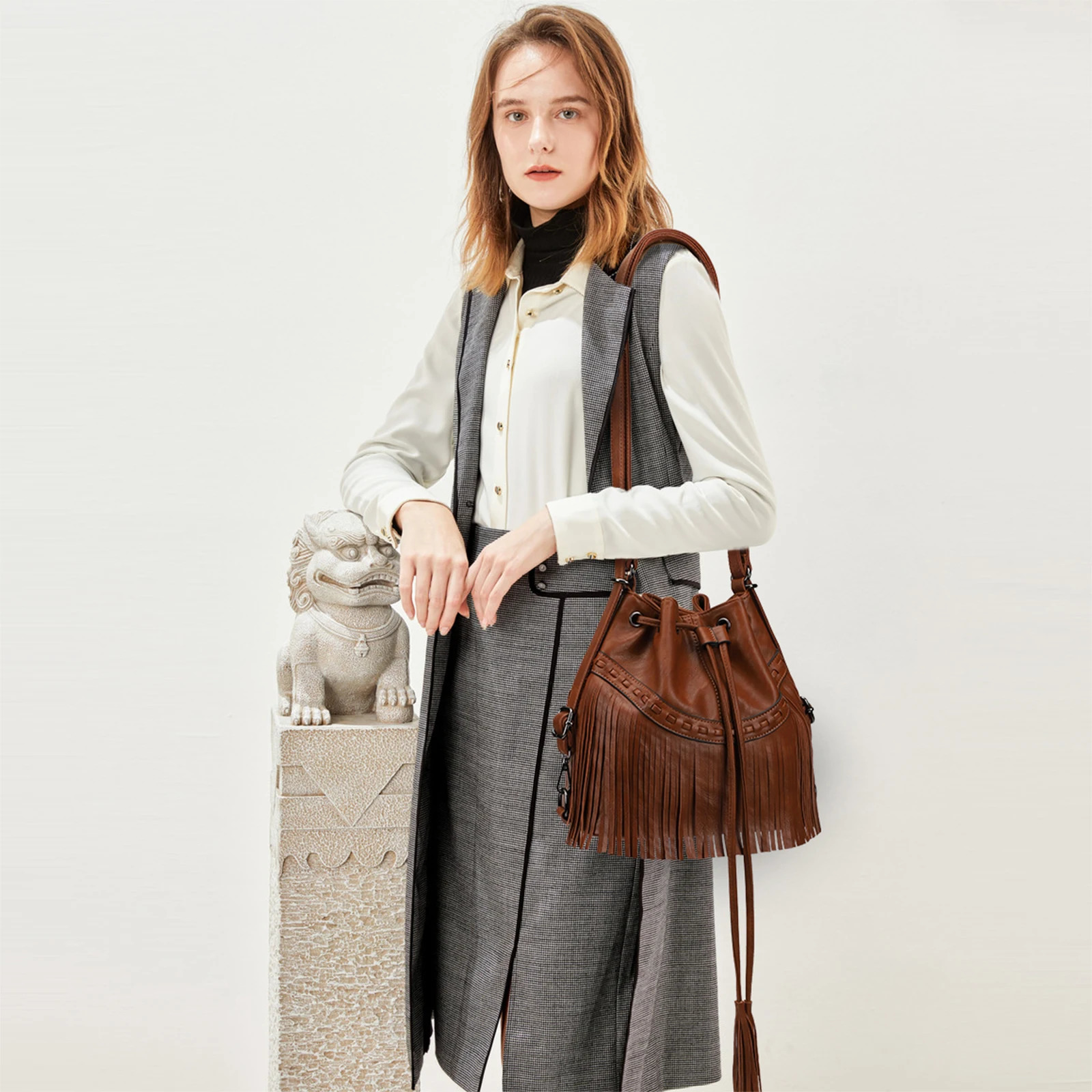 Ship from US KL928 Bucket Bags for Women Backpack Purse Fringe Purses with Drawstring Ladies Tassel Hobo Bag Shoulder Handbags 250227FBB