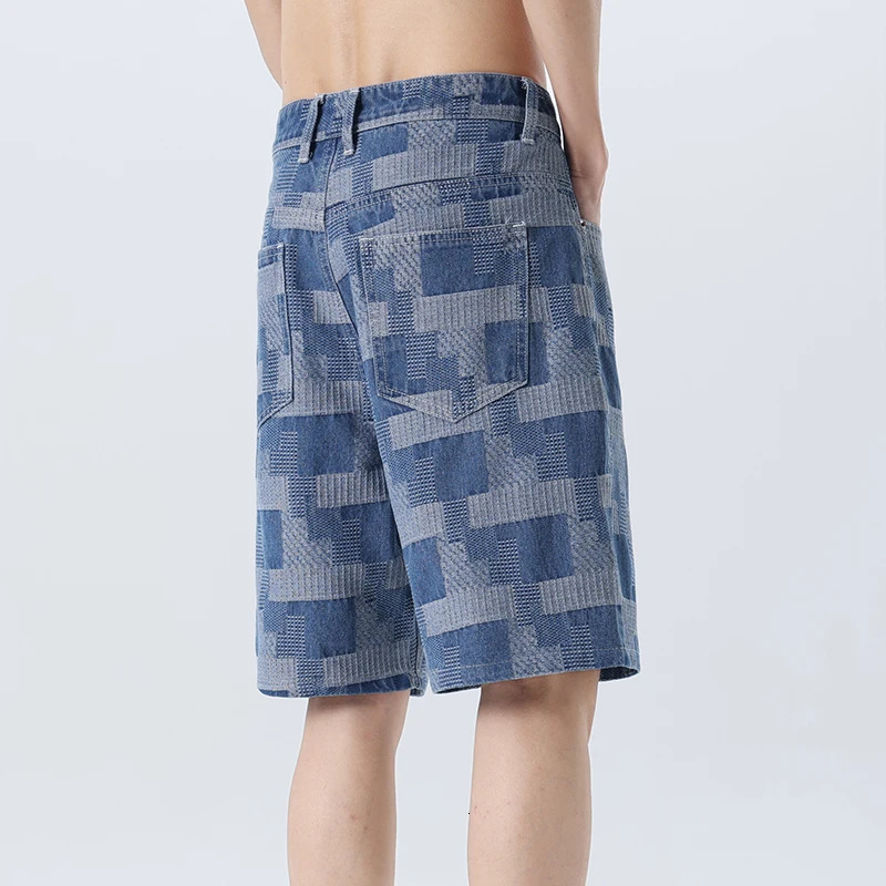 Fashion plaid mens denim shorts summer straight casual patchwork jeans street loose 250226