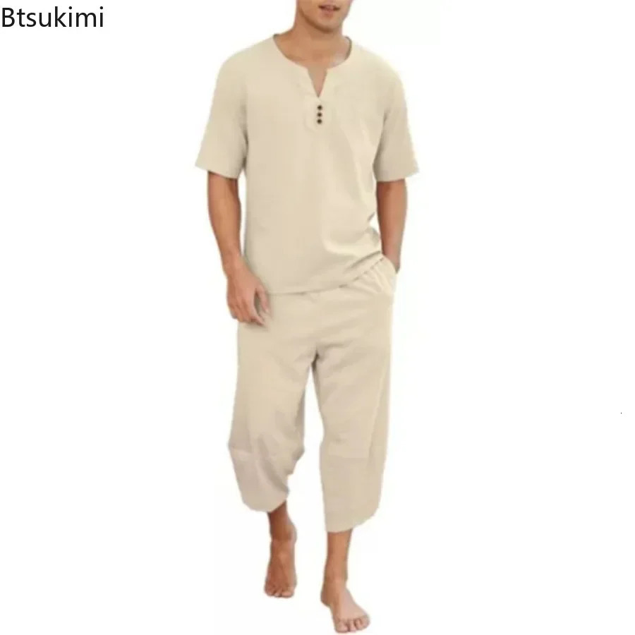 Mens Hip Hop Cotton Linen Sets Comfort Breathable Men Casual Sport 2 PCS Sets Fashion V-neck Short Sleeve TopsPants Suit 250222