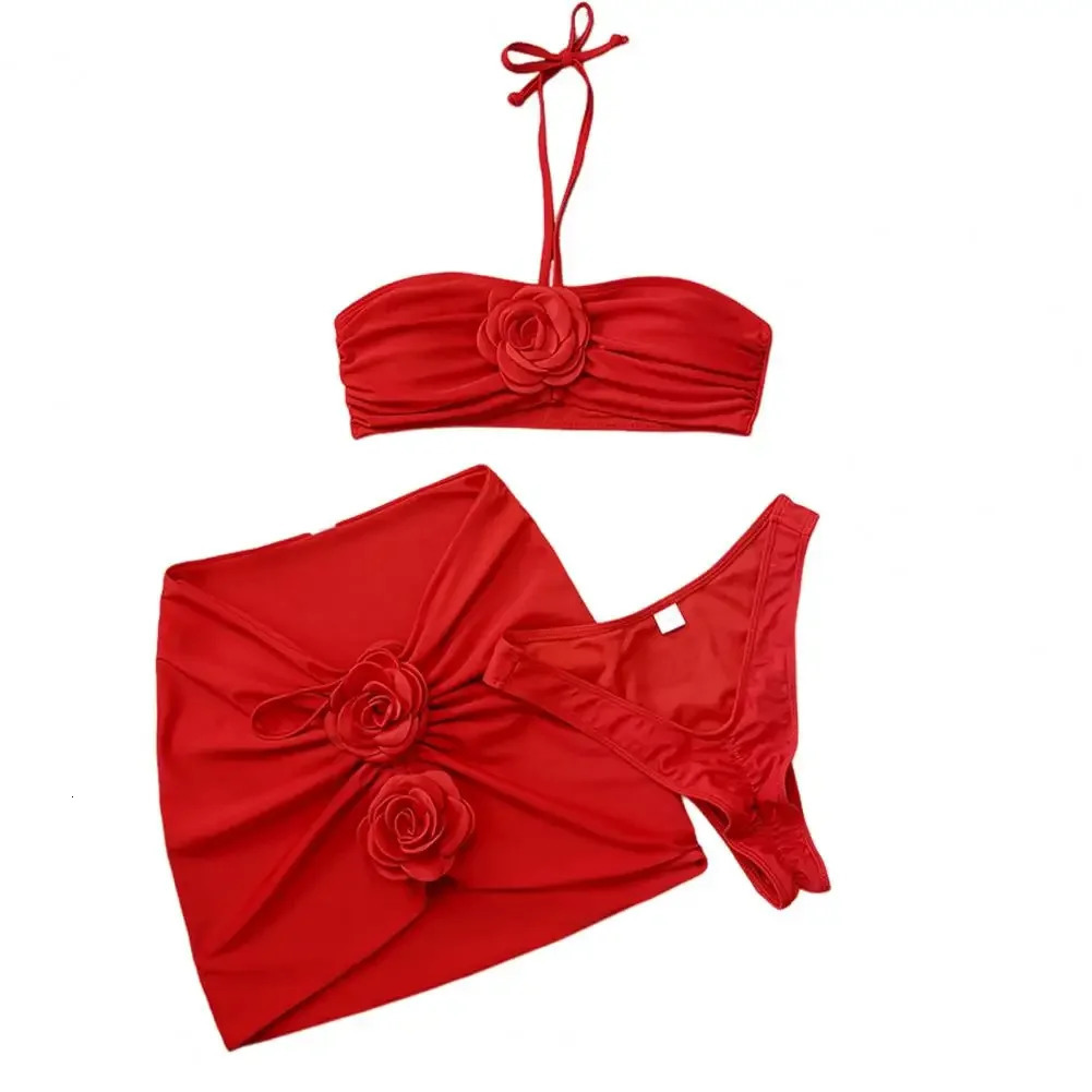 3 piecesset womens summer bikini set 3D rose decoration suspender Bandeau pleated bra swimsuit tight fitting suit 250227