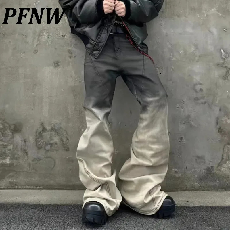PFNW Dark Style Worn-out Vintage Washed Gradient Jeans Male High Street Niche Loose Boot Cut Mens Pants Chic 28W4551 250221