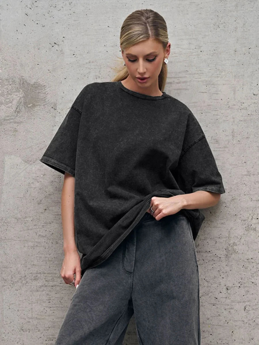 Bornladies 100% Cotton Retro Tshirt Men Women Vintage Shortsleeve Wax printing T Shirts Solid Color Hip Hop Loose Tees 250226