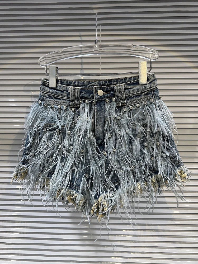 DEAT Womens Denim Shorts High Waist Diamonds Feathers Burrs Edge Wide Leg Super Short Jeans 2025 Spring Fashion 11XX5620 250226