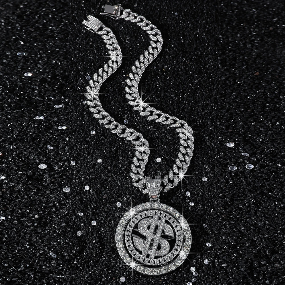 Men Hip Hop Big Rotatable US Dollar Money Sign Pendant Necklace 13mm Iced out Cuban Chain Choker Necklace Rap Rock Charm Jewelry 250227