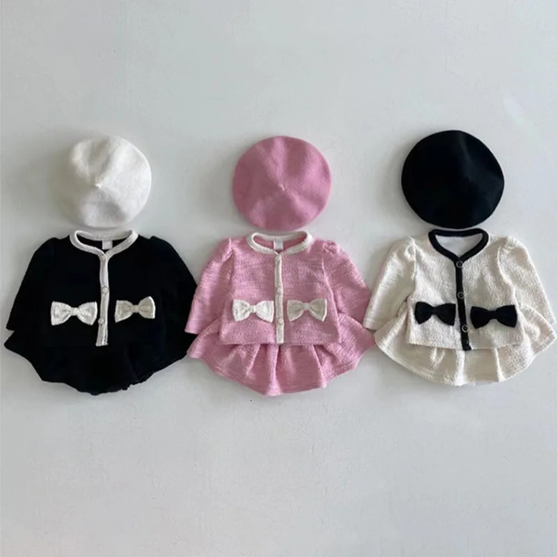 Autumn Baby Girl Long Sleeve Clothes Set Infant Cute Bow Cardigan Coat Half Skirt 2pcs Suit Girls Sweet Outfits 250227