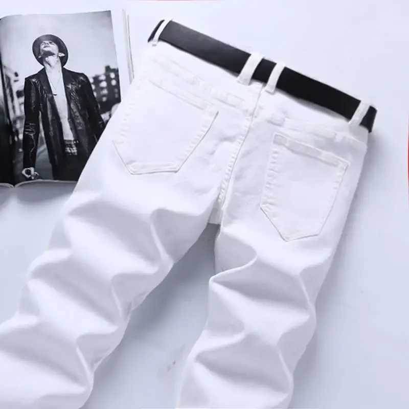 Pure White Jeans Mens Elastic Korean Style Slim Fit Youth Slimming Straight Leg Business Casual Middle Age High End Pants X250227