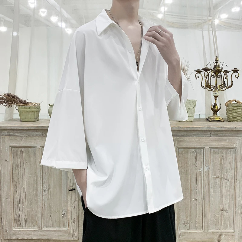 Summer Short Sleeved Shirt Men Oversized Society Mens Black Dress Shirt Korean Loose Ice Silk Shirt Mens Office Formal Shirts 250224