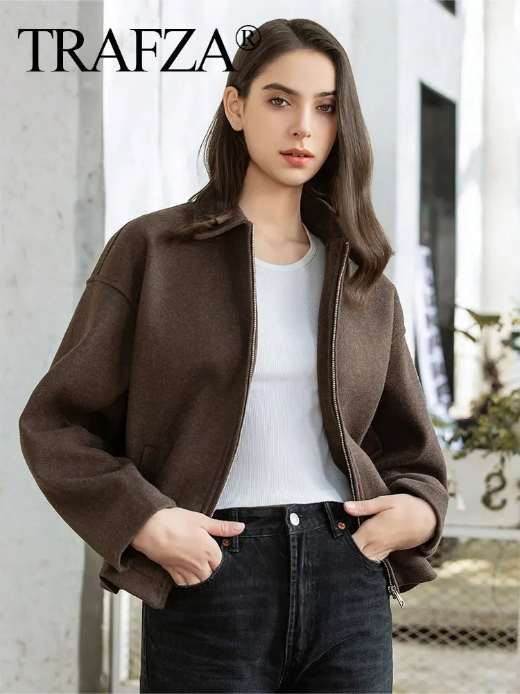TRAFZA Fashion Brown Zipper Woolen Jacket For Women Elegant Lapel Long Sleeve Short Coats Vintage Autumn Lady Street Outerwear 250227