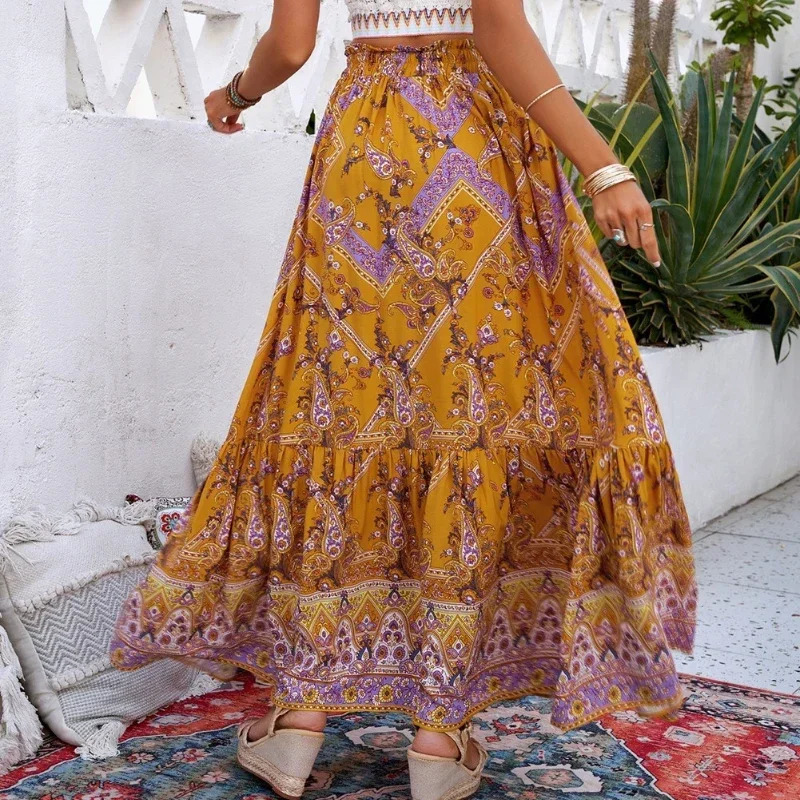 Bohemian Long Skirt Plants Flowers Print Long Maxi Skirts Casual Parties Vacations Skirt 250226