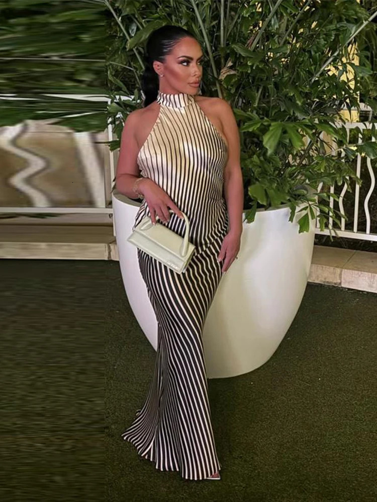 Elegant Womens Dresses Striped Sexy Slim Fit Backless Dress Skinny Lace up Sleeveless Dress Summer Lady Chic Evening Party Dress 250225