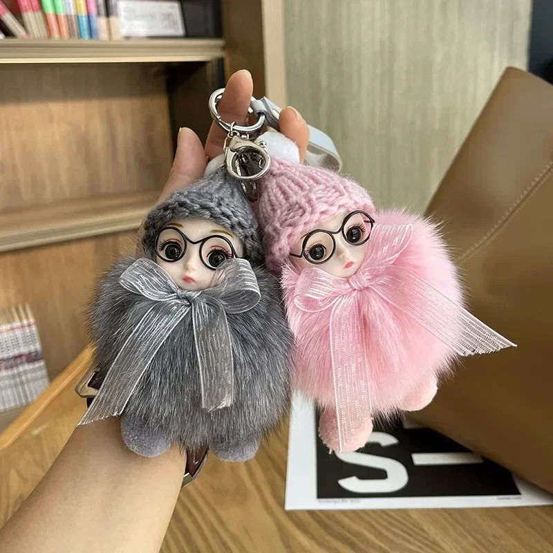 Cute Pompom Keychain Fox Fur Ball Keyring Plush Eyeglass Doll Pendant Fashion Key Holder Chain for Car Key Ring Women Bag 250227