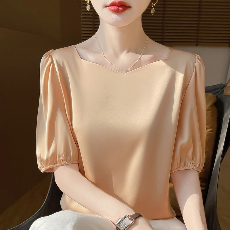 2025 Women Summer Fashion Short Sleeve T-Shirts Loose Shirt Tops Female Solid Color Satin Shirts Ladies O-neck Casual Blouses 250226