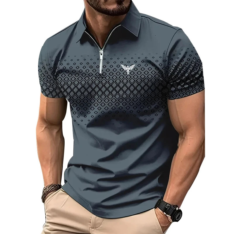 Men Personality Summer Fashion Sport Short Sleeve Casual Lapel Zipper Polo Shirt Men Print Polyester Quick Drying Polo Shirt Top 250224