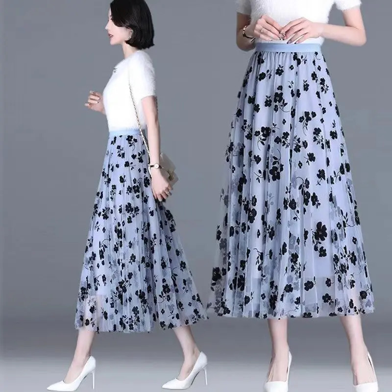 Korean Women Tulle Skirt Fashion Summer Hook Floral Loose Midi Skirt Elegant Female Casual All Match Mesh Skirts 250224