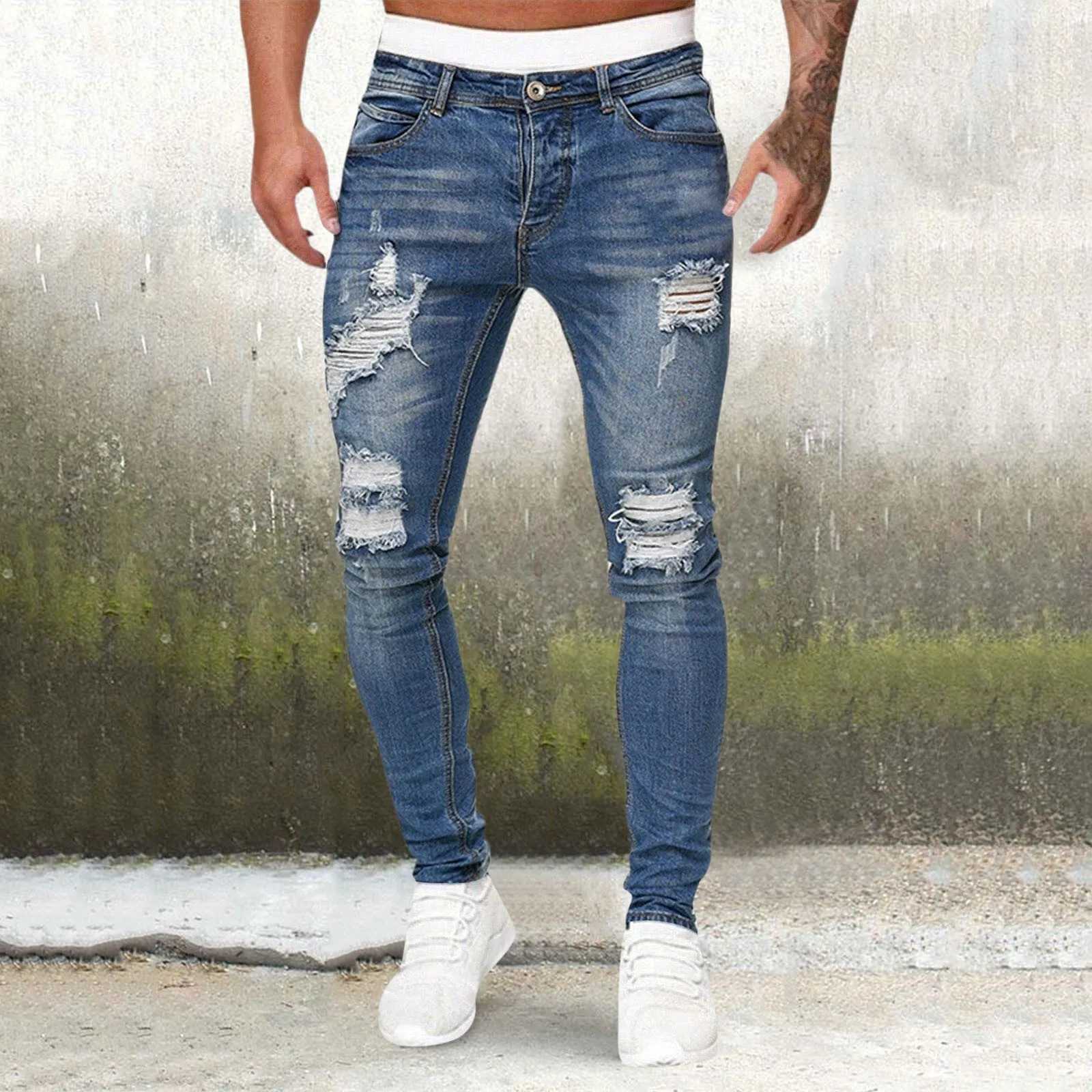 Mens Casual Hip Hop Sports High Stretch Tight Wash Polished White Ripped Fit Zipper Jean Pants Business Stretch Mens Jeans X250227