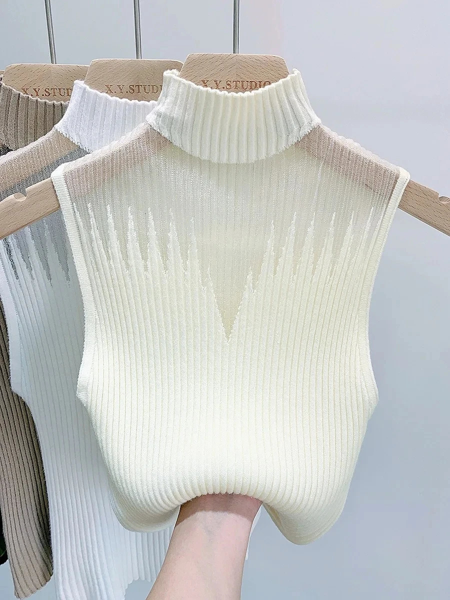 Mesh Knitted Top Women Y2K Tank Top Half Neck Vest Female Sleeveless Sweater Chic Cut Out Streetwear Solid Skinny White Tube Top 250226