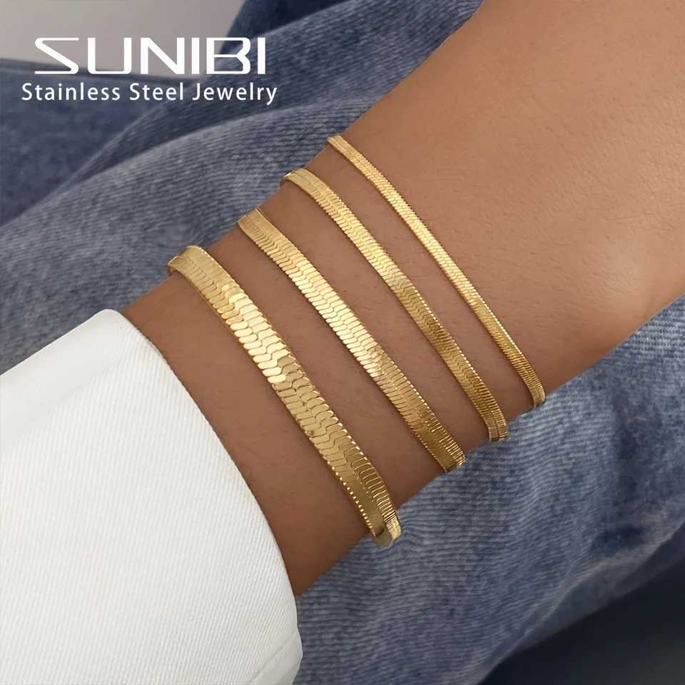 SUNIBI womens trend classic snake chain bracelet gold wide 2/3/4/5mm stainless steel chain bracelet used for womens jewelry gifts W250227
