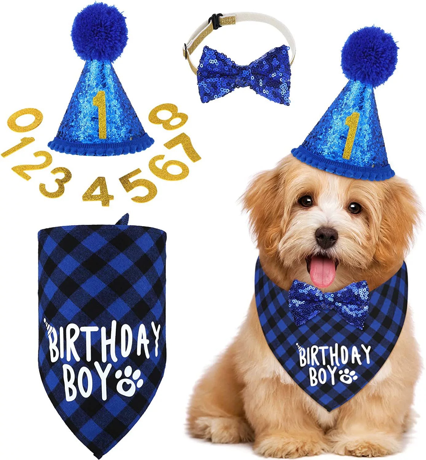 Dog Birthday Party Supplies, Multi Size Offered, Birthday Boy Dog Bandana, Dog Birthday Hat with Numbers for Medium Large Dogs Pets