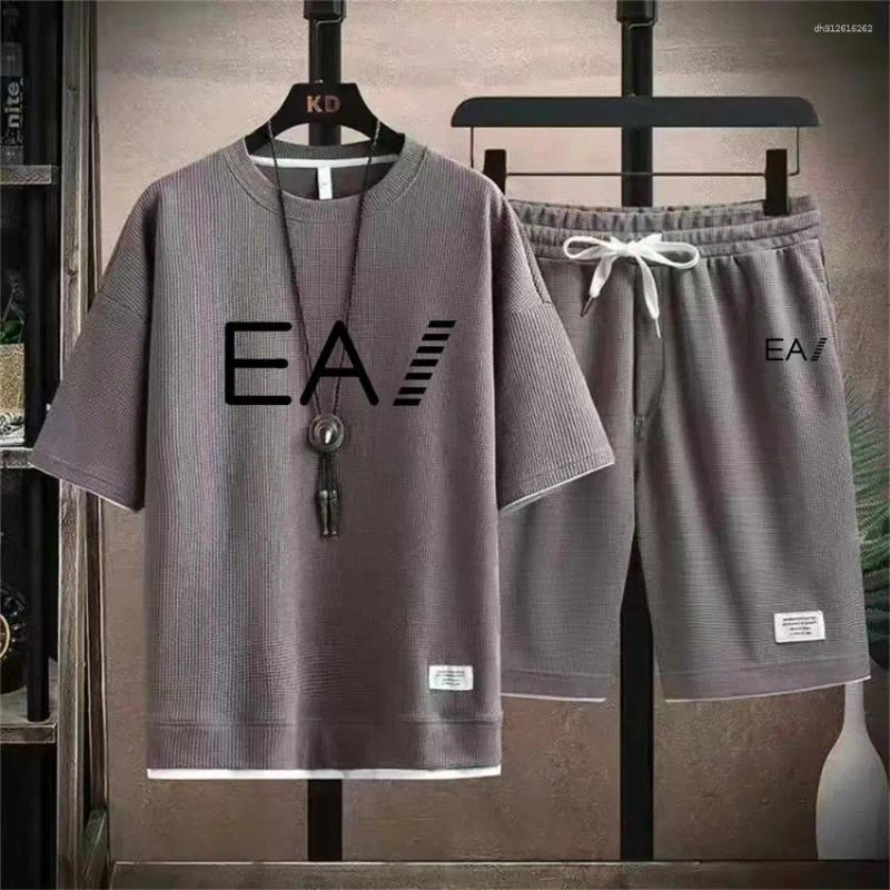 Men's Tracksuits Summer Breathable Waffle Set Crewneck Short Sleeve Track Shorts Two-piece Printed With Letters EA1