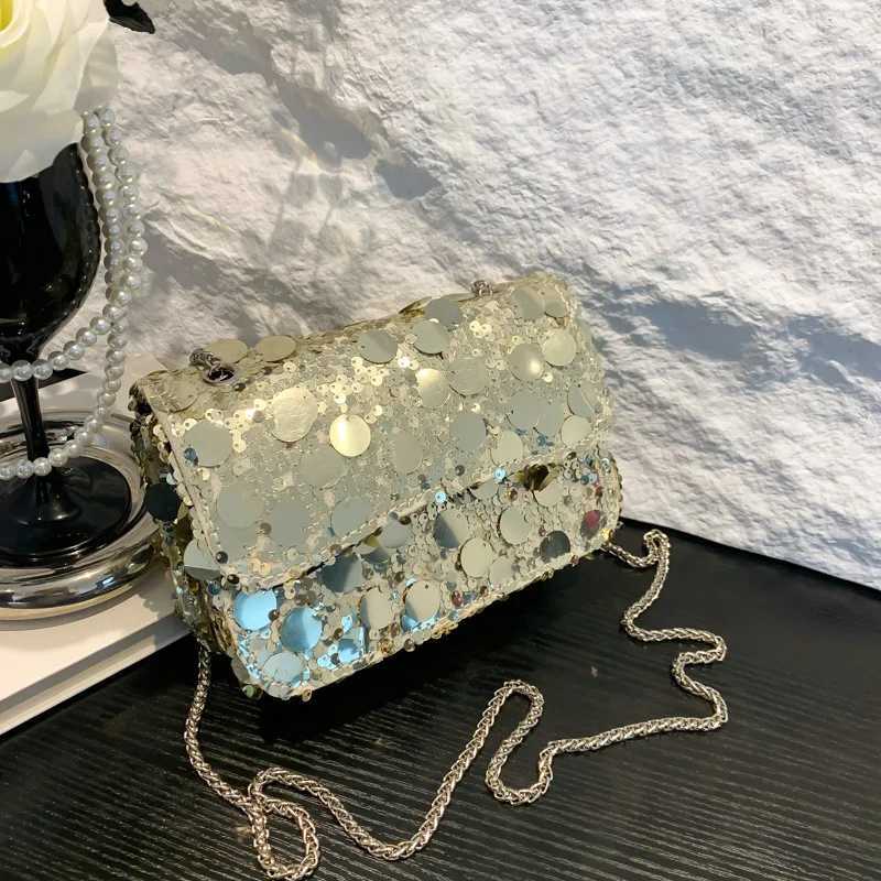 Women Shiny Sequins Shoulder Bags Solid Glossy Square Chain Crossbody Packs Female Versatile Shopping Messenger BagsXJ250227