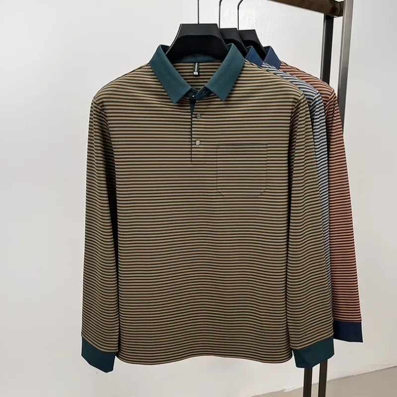 High-end Quality Mens Seamless Polo Shirt Lapel Stripe Ice Silk Long-sleeve T-shirt Fashion Street Exquisite Autumn Menswear 250225