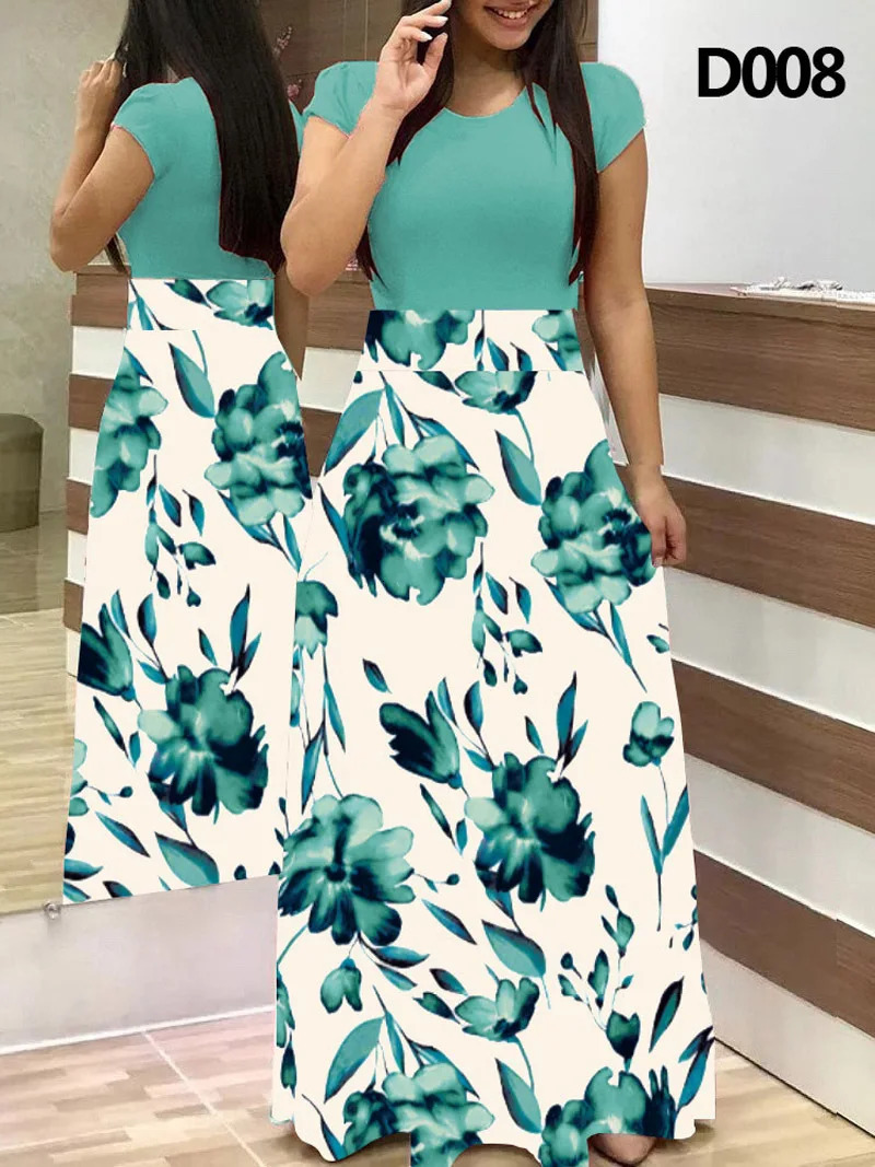 Leisure and loose fitting spring/summer fashionable flower print color blocking short sleeved womens elegant dresses 250222