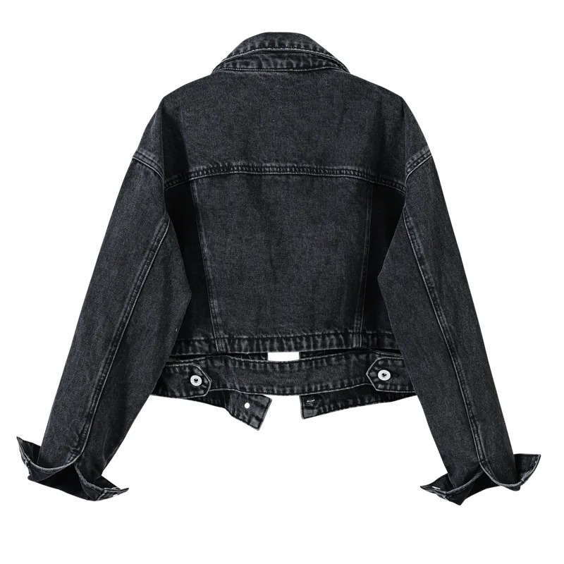 Womens shorts denim jacket fashionable casual coat black lapel single breasted long sleeved womens S M L XL XXL 250227