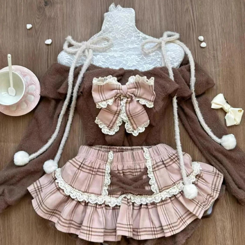Japanese Sweet Cute Skirt Two Piece Set Spliced Lotus Leaf Edge Waist Cinching Slimming One Shoulder Top High Waist Cake Skirt 250227