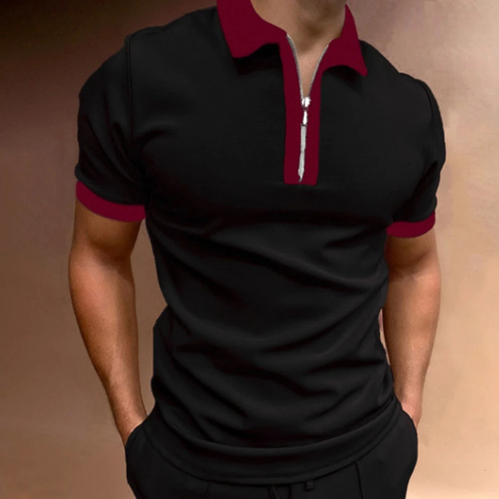 Mens Shortsleeved Tshirt Slim Fit Patchwork Zipper Turn Down Collar Golf Polo Summer TShirts Streetwear Breathable 250226