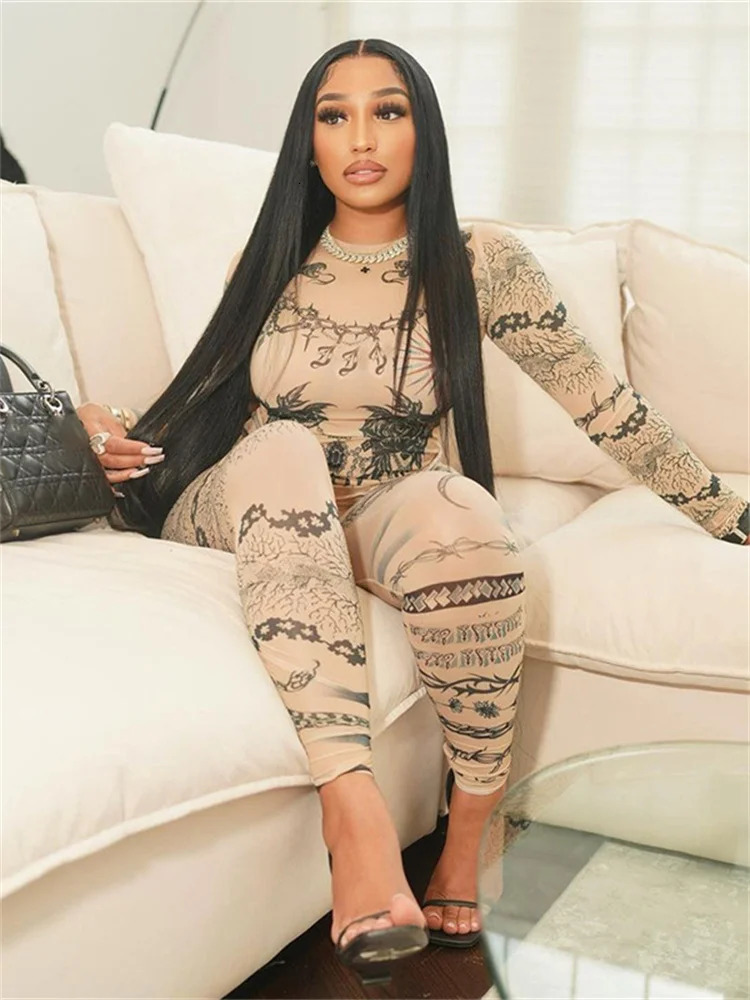 Simenual 90s Rave Mesh Printed Co Ord Suits Women Sexy See Through Pullovers T-Shirts Skinny Pencil Pants Y2K Club Two Piece Set 250226