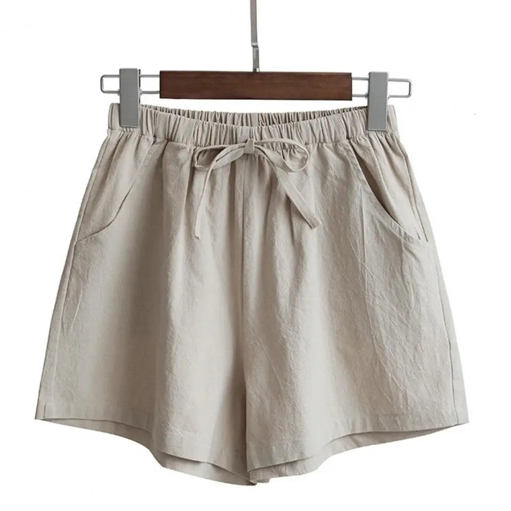 Short Pants with Drawstring High Waist Solid Color Double Pockets Thin Linen Wide Leg Women Casual Shorts Outdoor Streetwear 250227