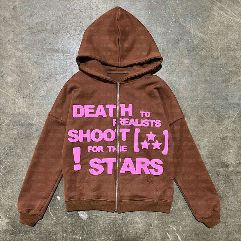 Trendy brand casual hip-hop personality Kpop style letter foam printed zipper hooded long sleeved sweatshirt for women