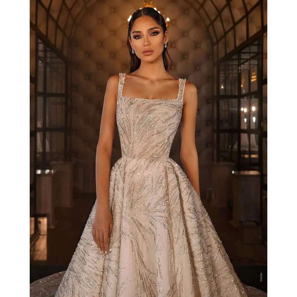 Glamorous A-e Wedding Dresses, Shiny Square Sequins, Backless Appliques, Sweep Train Bridal, Classic Custom Robe