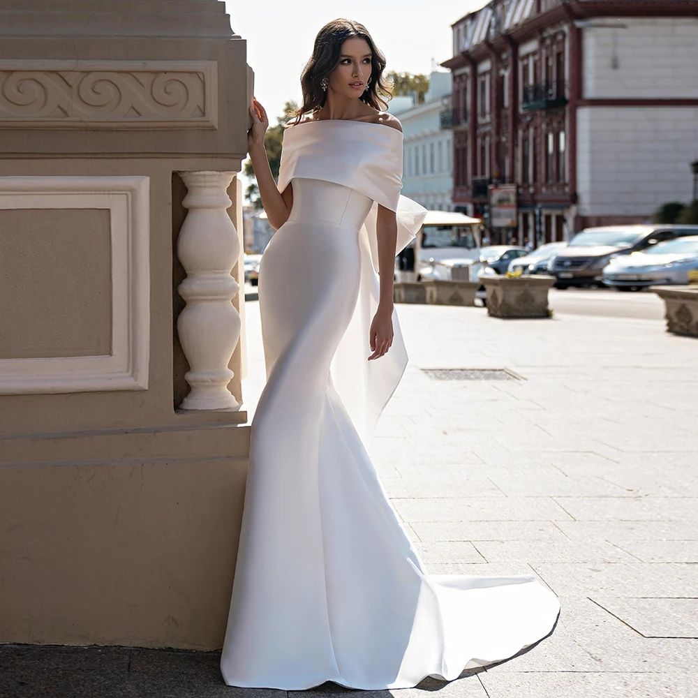 2025 New Arrival Satin Mermaid Wedding Dress Sexy Off the Shoulder Sleeveless Back Big Bow Sweep Train Bridal Gown Vestidos De Novia