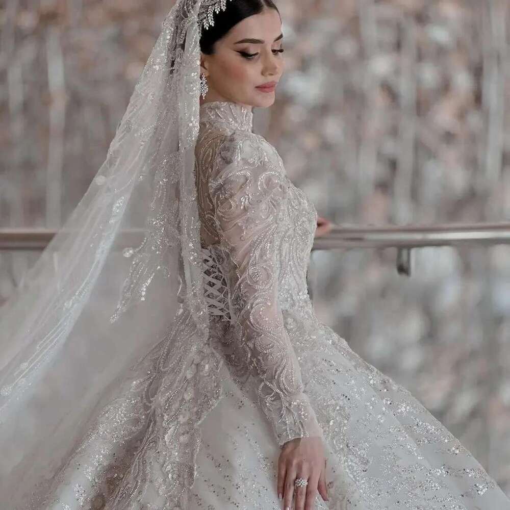 Ball Gown with Lace Appliques,Ball Gown,Wedding Dresses,Sequins,Shoulder Pad,Lace Up Bridal,Sweep Train,Custom Made