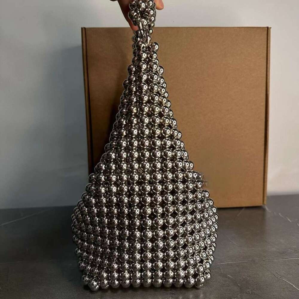 Women's Bags A niche design French heavy industry silver minimalist high-end handbag with beaded woven dinner bag