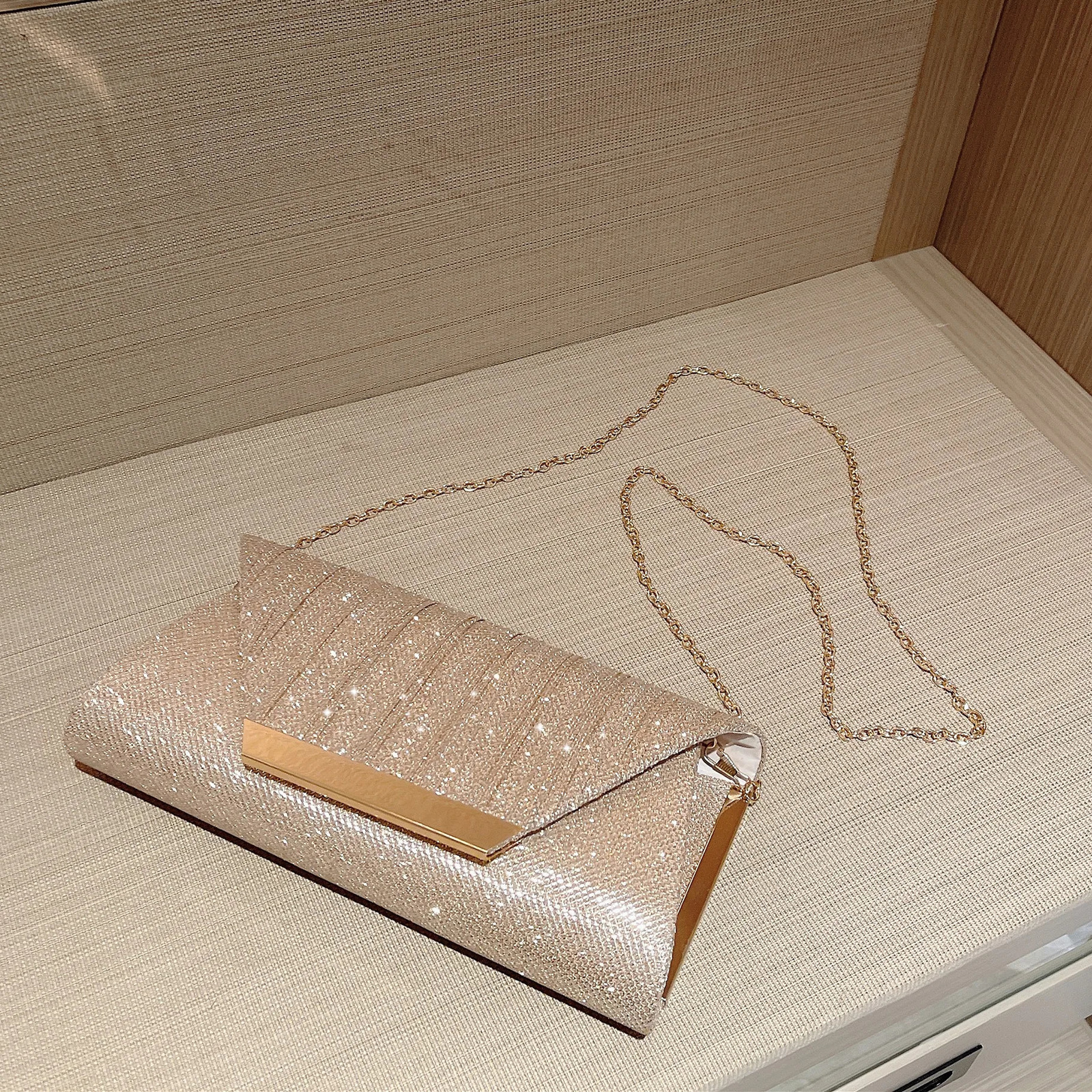 Womens Classic Pleated Flap Evening Bag Sparkling Party Clutch Prom Chain 250226