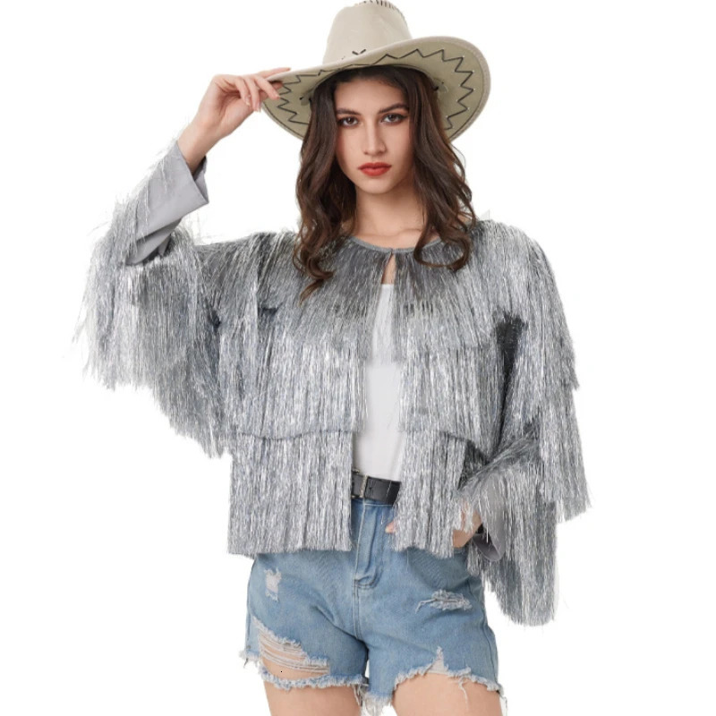 y womens silver gold silk tassel jacket multilayer pleated long sleeved spring summer Halloween cardigan woolen sweater dance top 250227