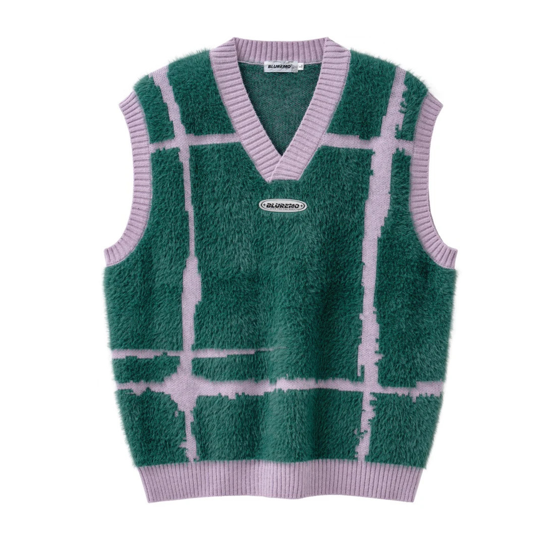 Harajuku Street Trend Stripe Splicing Vneck Knitted Sweater Couple Style Jacquard Checkered Sleeveless 250225