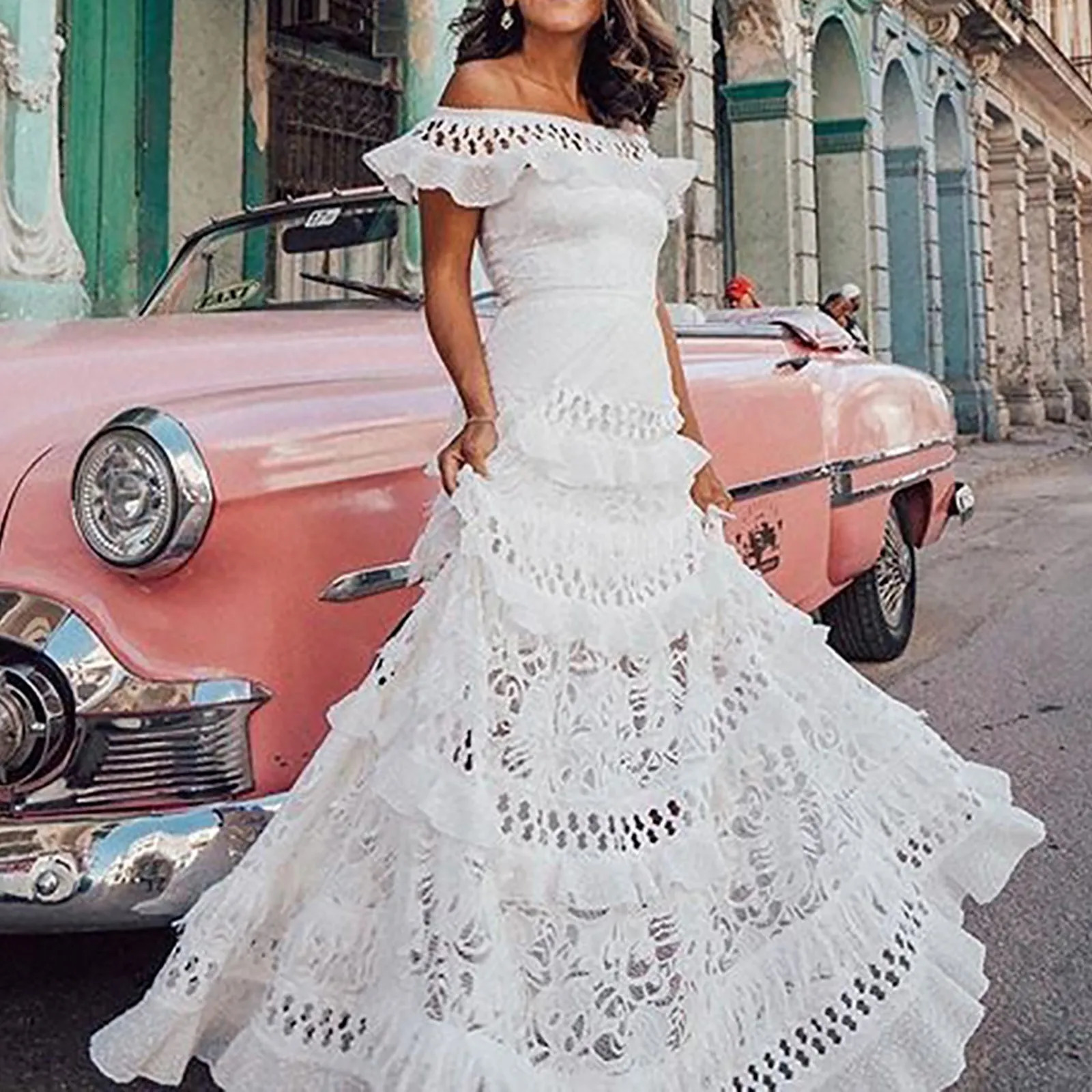 Elegant Off Shoulder Solid Ruffle Long Evening Dress Summer Fashion Sleeveless Swing Dress Classic Lace Hollow Party Sexy Dress 250222