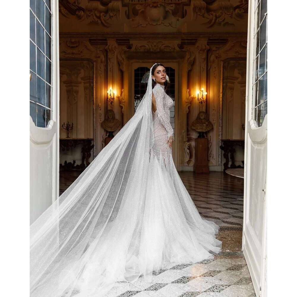 Mermaid High Neck Backless Beads Lace Pearls Wedding Dress Train Sweep Custom Bridal Dresses