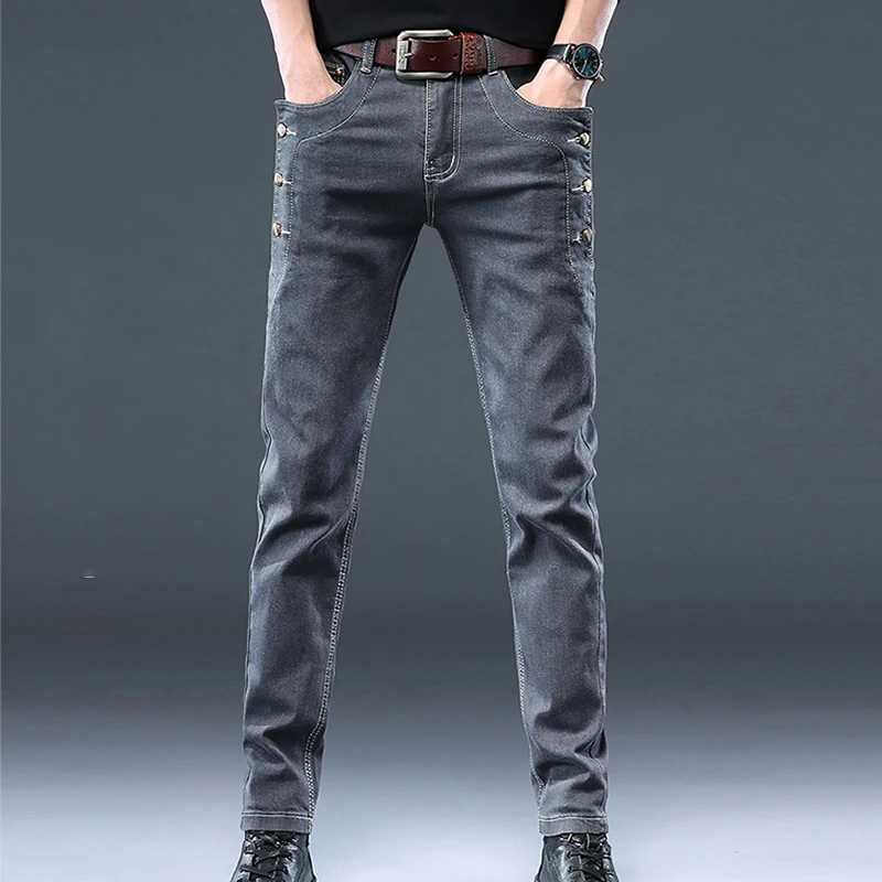 Casual Pants Slim Small Leg Long Men Denim Jeans Korean Version Trendy New Brand High Quality Grey Stretch Fashion Trousers X250227