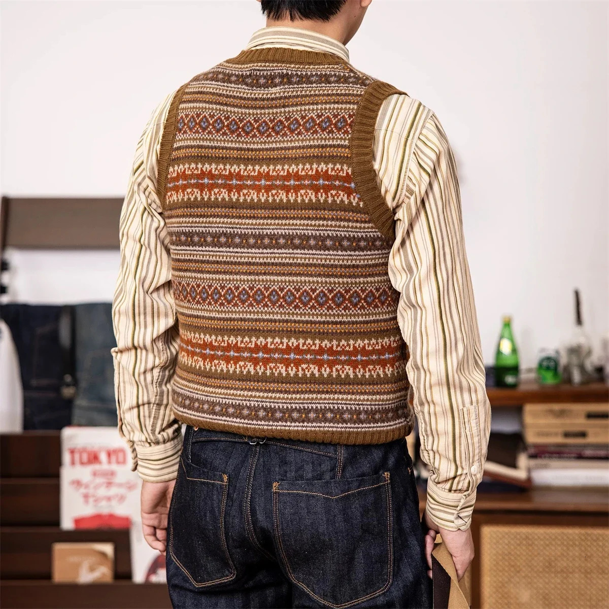 Red Tornado Fair Isle 100 Wool Knitted Vest Vintage Fashion VNeck Sweater Waistcoat For Men and Women 250225